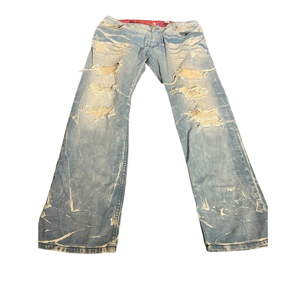 Robin’s Red Label Jeans Size 40 X 34 Blue Distress Rear Flap Pockets 100% Cotton